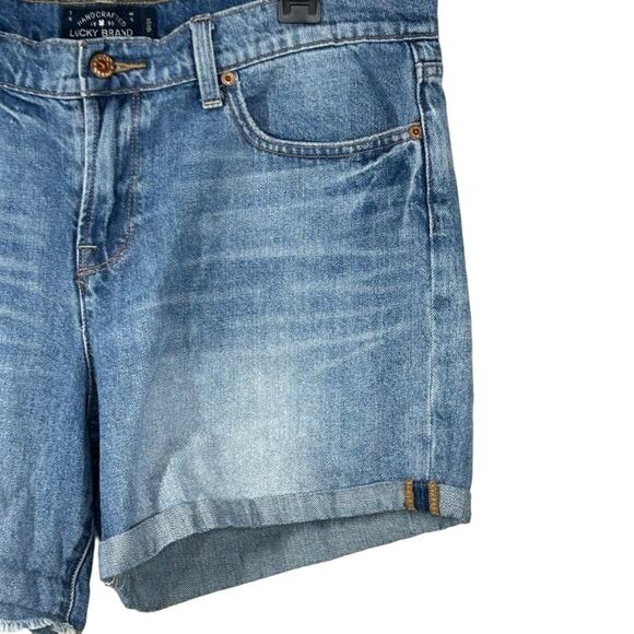Lucky Brand Roll Up Denim Shorts Distressed High Rise Blue Boho Size 12 / 31 - Picture 7 of 13